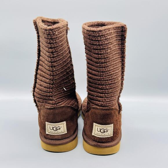 UGG Australia Boots Women 9 Brown Knit Suede Classic Cardy Casual Winter Pull On - Picture 4 of 10